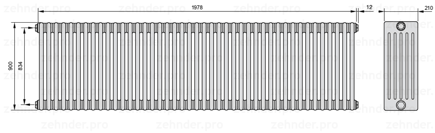 Схема (чертеж) Радиатор Zehnder Charleston 6090/43 №1270 Белый глянцевый RAL 9016